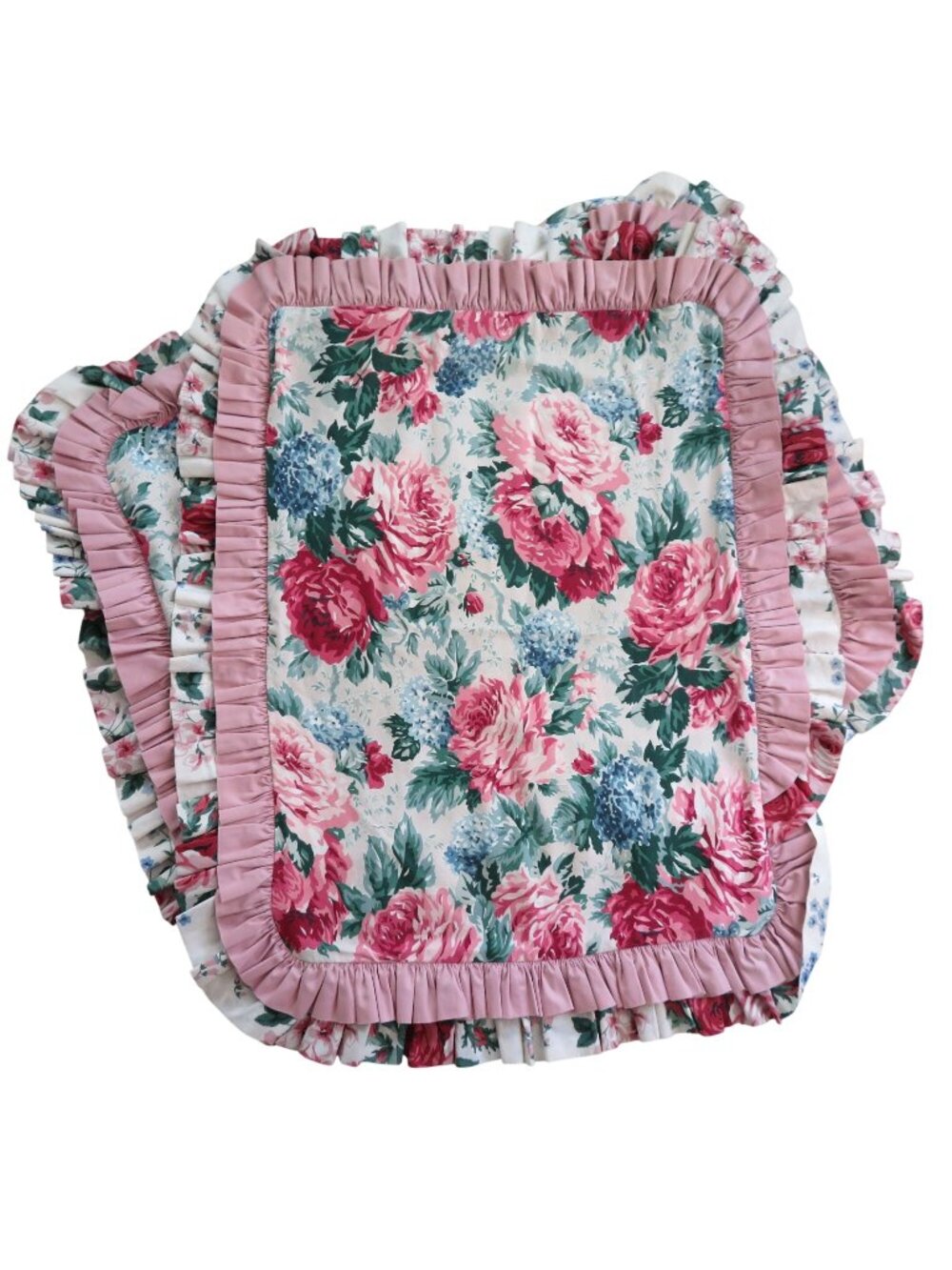 Vintage Floral Double Ruffled Pillow Shams Pink Trim Custom-Made Cottage Design